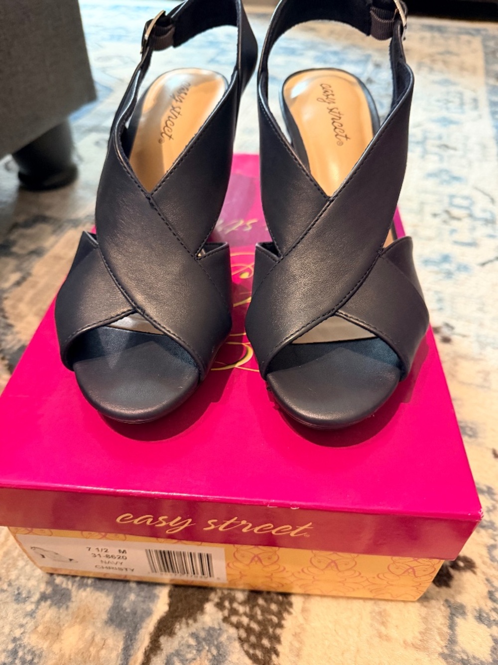 Easy Street Christy Navy Slingback Block Heel Sandals – Size 7.5 M